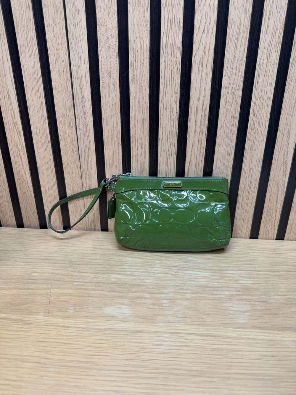 Coach Patent Leather Signature Embossed Green Wristlet